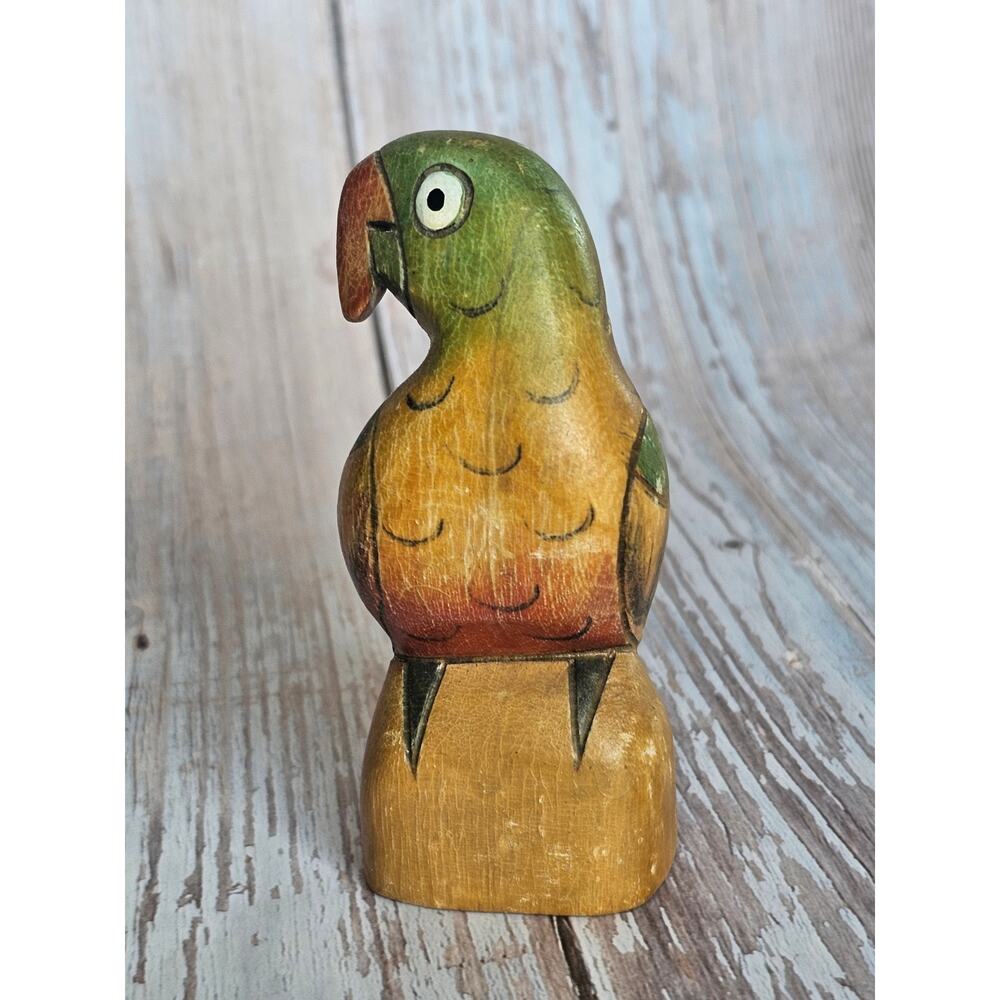 Vintage Hand Carved Painted Wood Parrot Figurine Folk Art Tropical Bird Decor